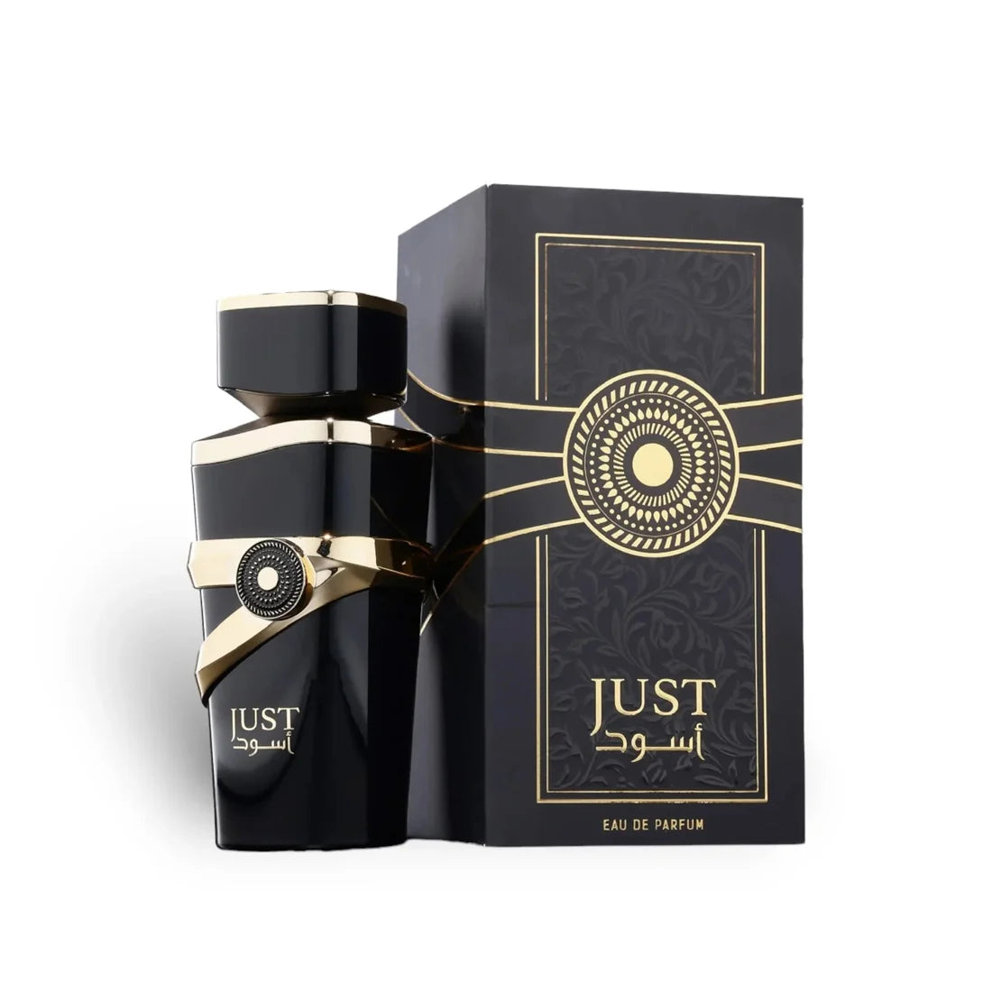 Parfymeflasken og esken til Fragrance World Just Aswad parfyme