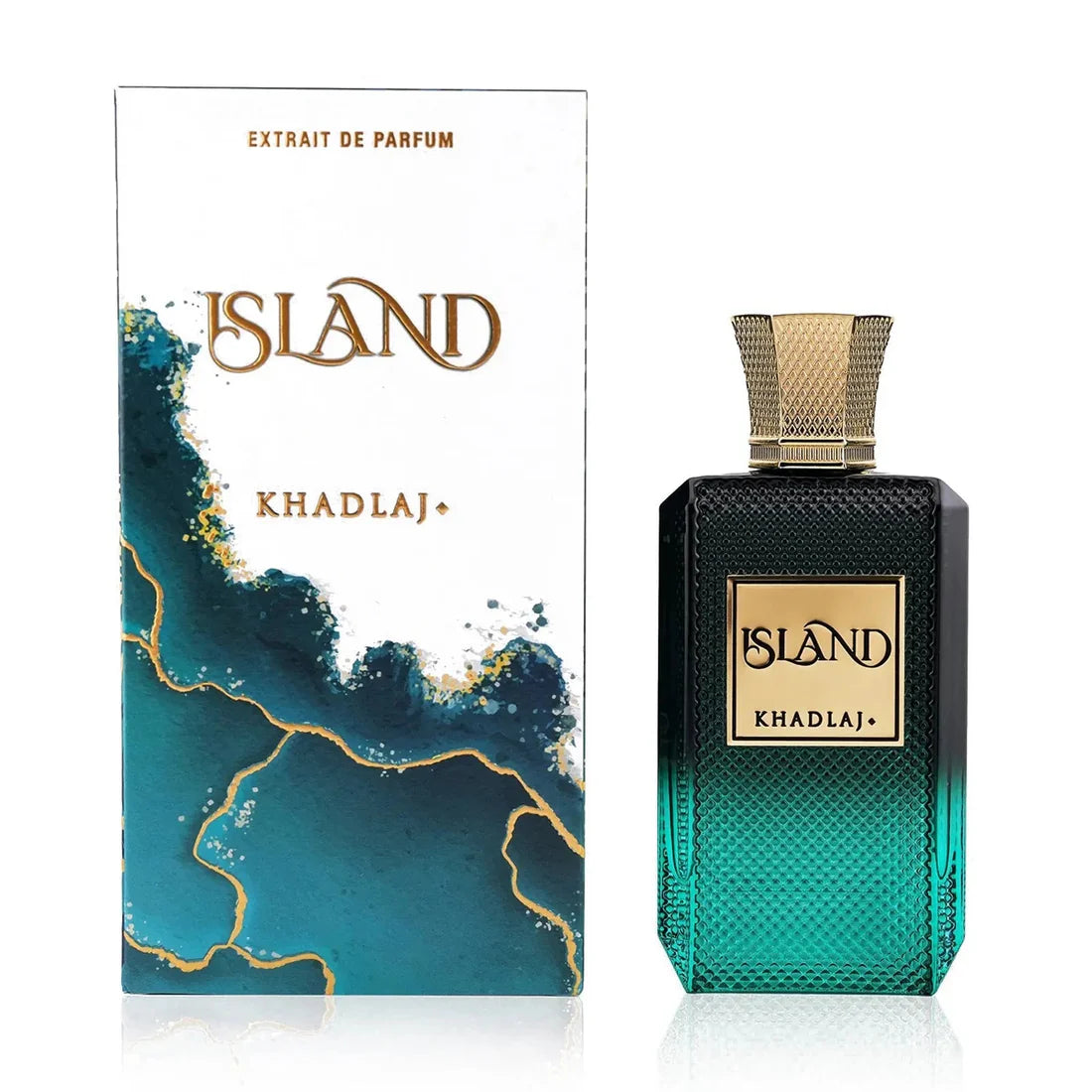 Esken og parfymeflasken side om side av Island Extrait de Parfum 100ml Khadlaj