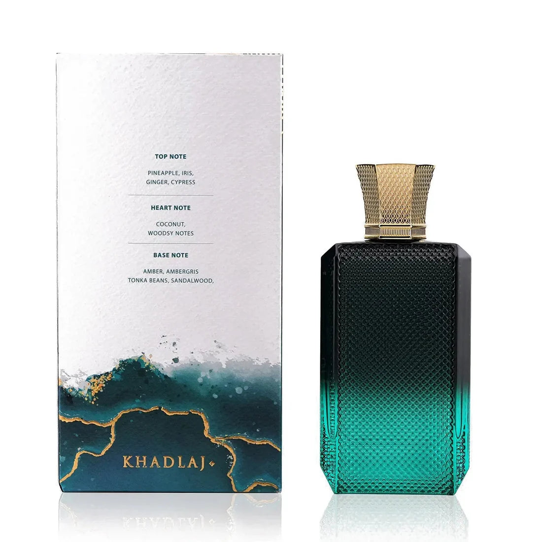 Eskens bakeside og parfymeflasken side om side av Island Extrait de Parfum 100ml Khadlaj