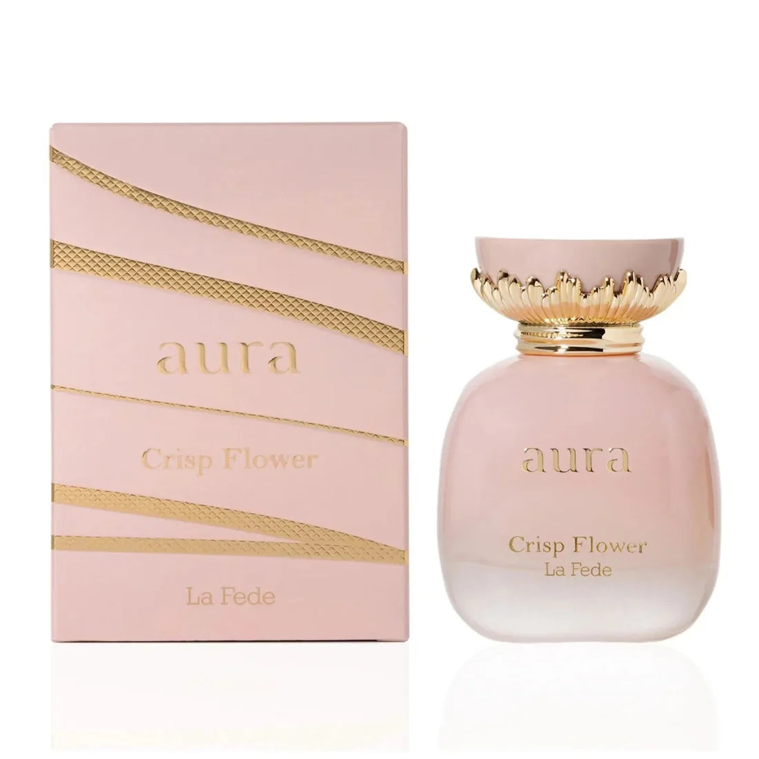 Eksen og parfymeflasken side om side av La Fede Aura Crisp Flower Perfume 100ml EDP Khadlaj
