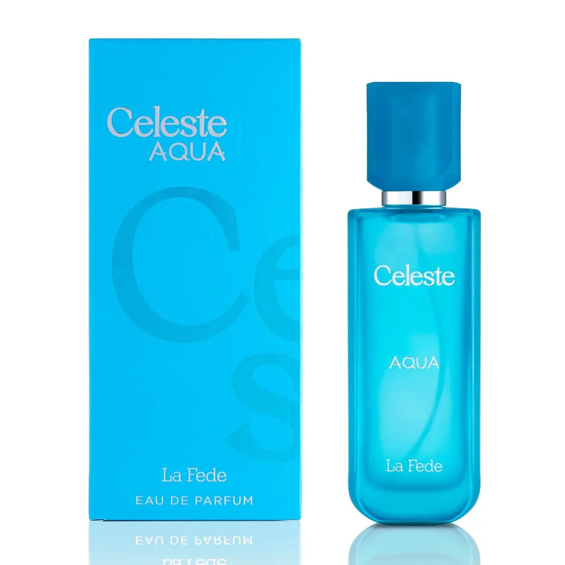 Esken og parfymeflasken side om side av La Fede Celeste Aqua Perfume 100ml EDP Khadlaj