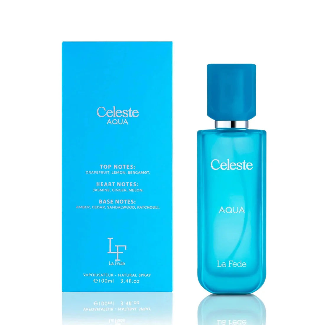 Eskens bakside og parfymeflasken side om side av La Fede Celeste Aqua Perfume 100ml EDP Khadlaj