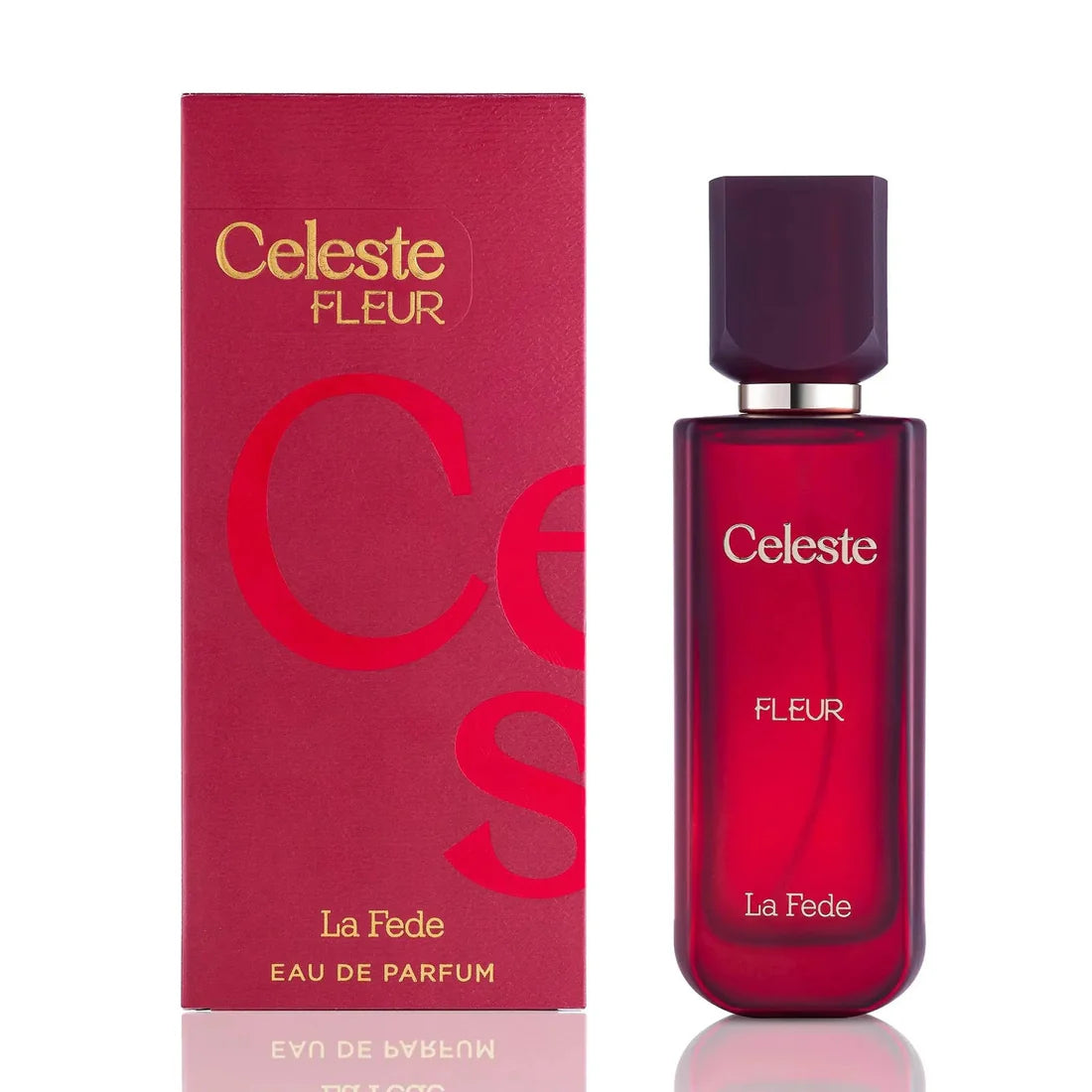 Esken og parfymeflasken side om side av La Fede Celeste Fleur Perfume 100ml EDP Khadlaj