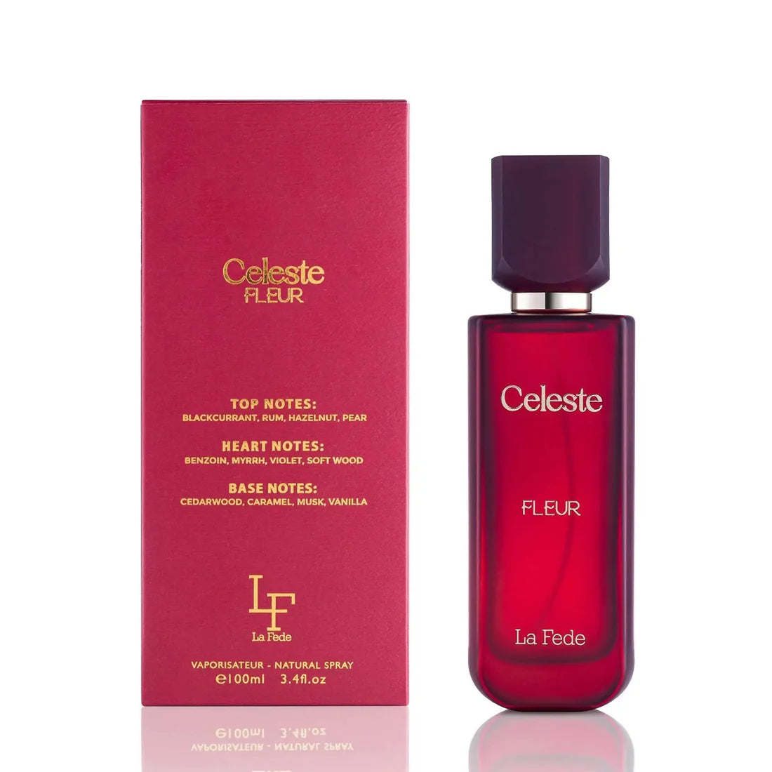 Eskens bakside og parfymeflasken til La Fede Celeste Fleur Perfume 100ml EDP Khadlaj side om side