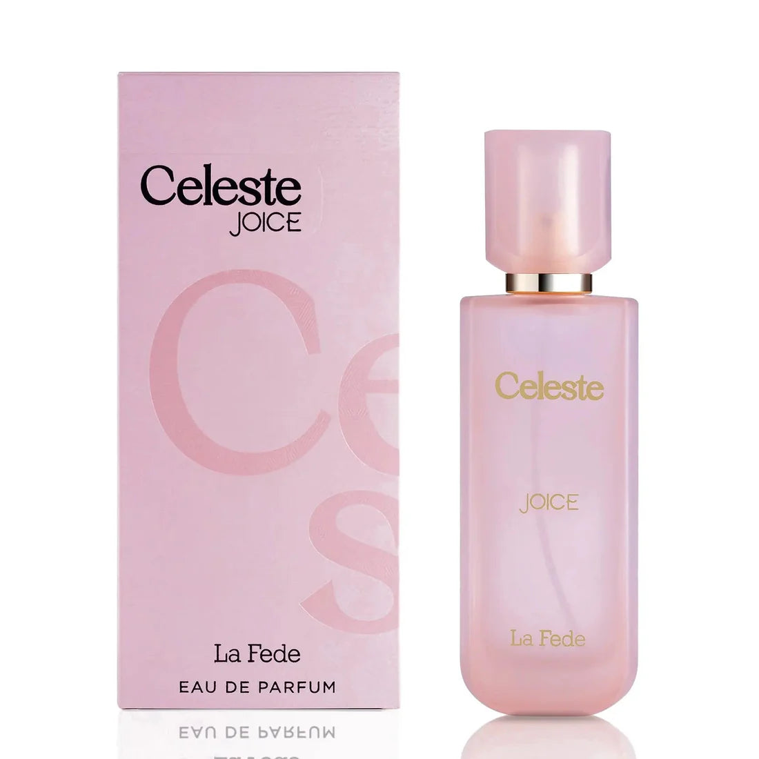 Eskens forside og parfymeflasken side om side av La Fede Celeste Joice Perfume 100ml EDP Khadlaj