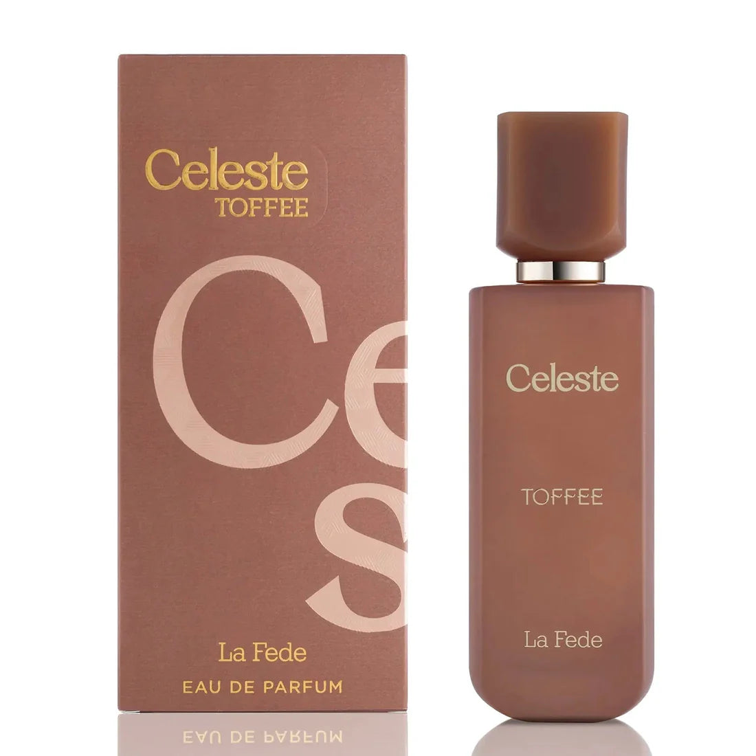 Eskens forside og parfymeflasken til La Fede Celeste Toffee Perfume 100ml EDP Khadlaj side om side