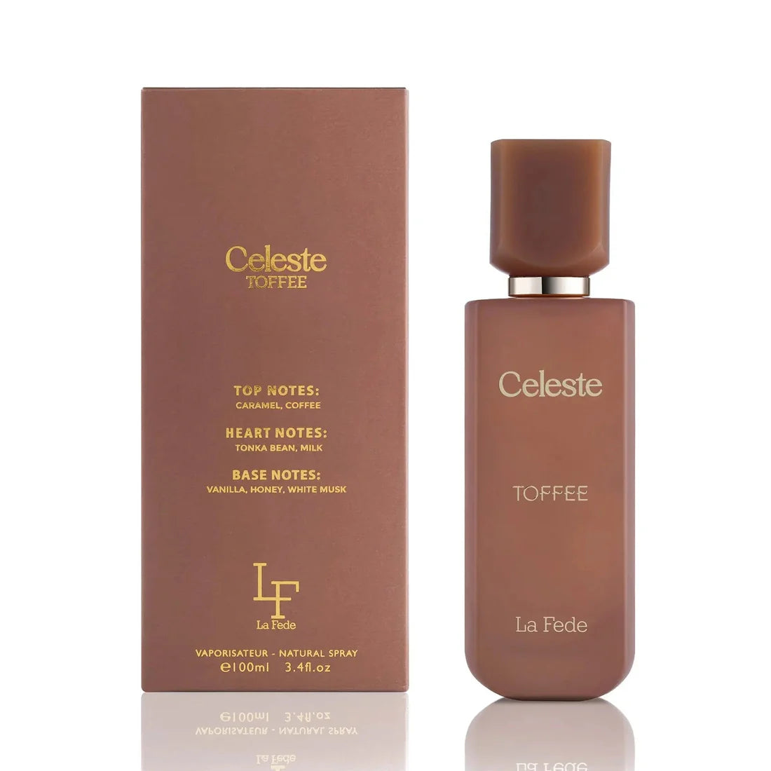 Eskens bakside og parfymeflasken side om side av La Fede Celeste Toffee Perfume 100ml EDP Khadlaj