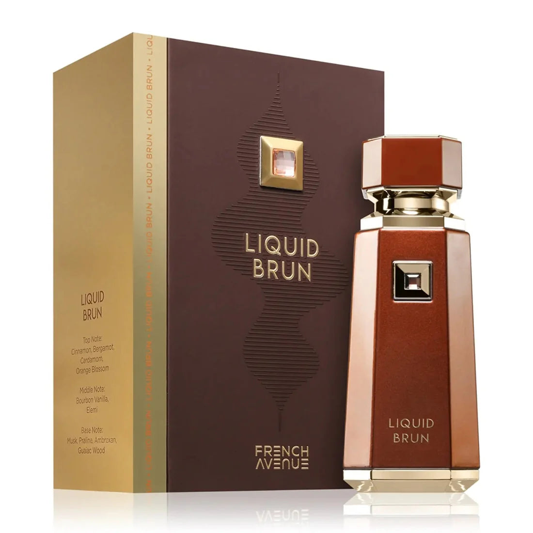 Bilde av esken og parfymeflasken side om side av Liquid Brun Perfume 100ml EDP Fragrance World