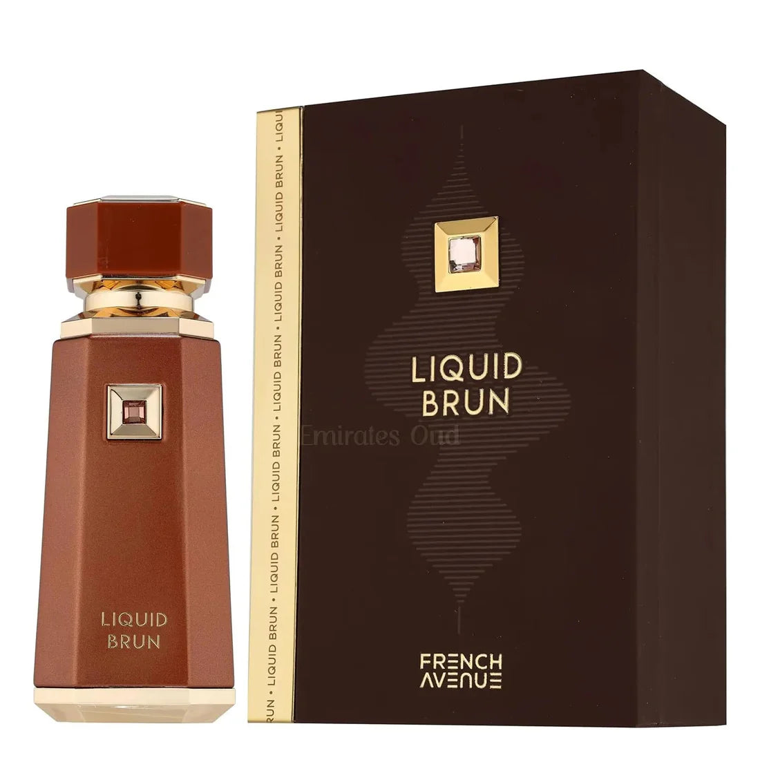 Bilde av parfymeflasken og esken side om side av Liquid Brun Perfume 100ml EDP Fragrance World