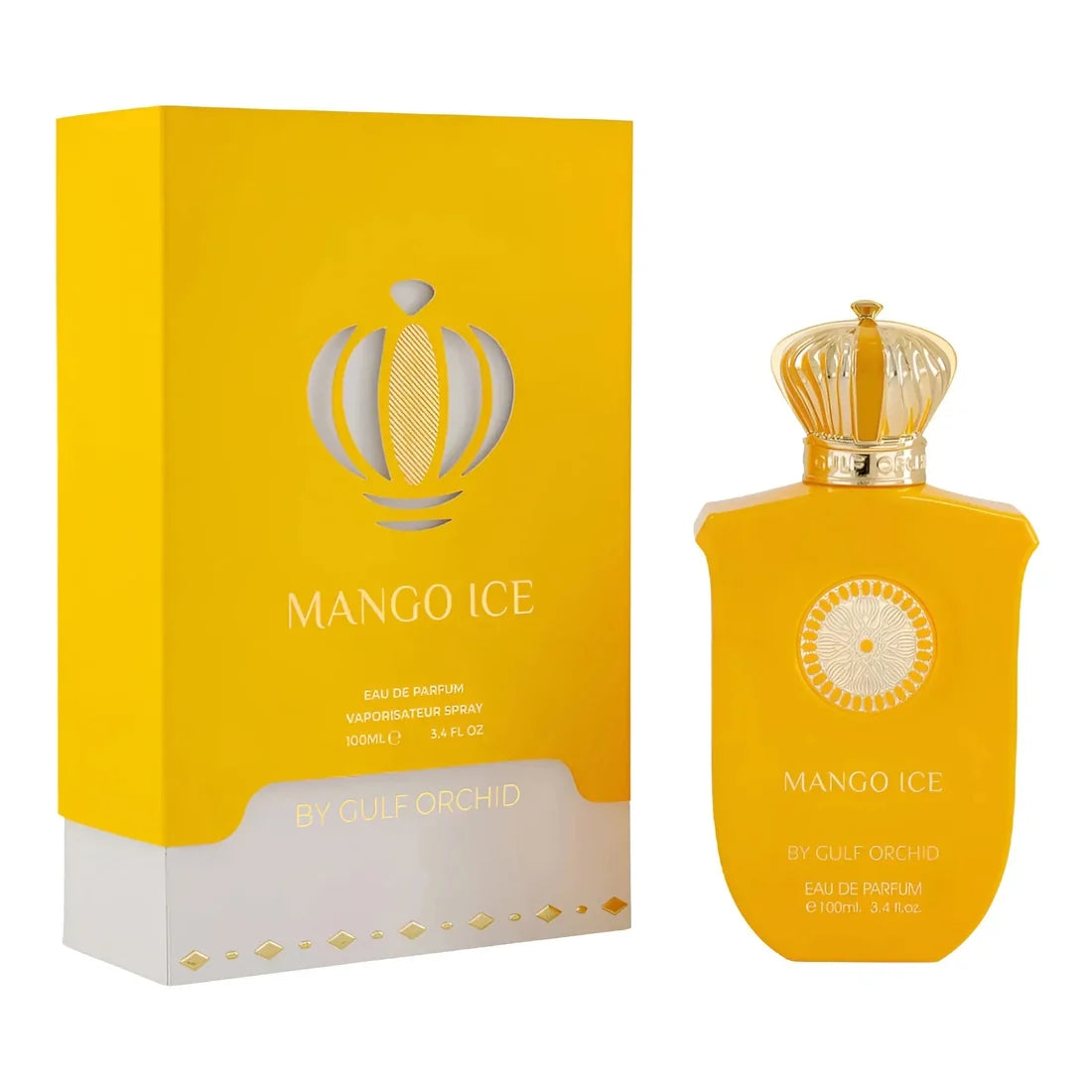 Esken og parfymeflasken til Gulf Orchid Mango Ice Parfyme side om side