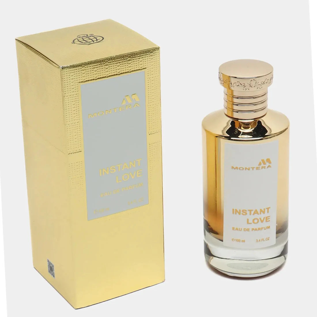 Esken og parfymeflasken side om side av Montera Instant Love Perfume 100ml EDP By Fragrance World