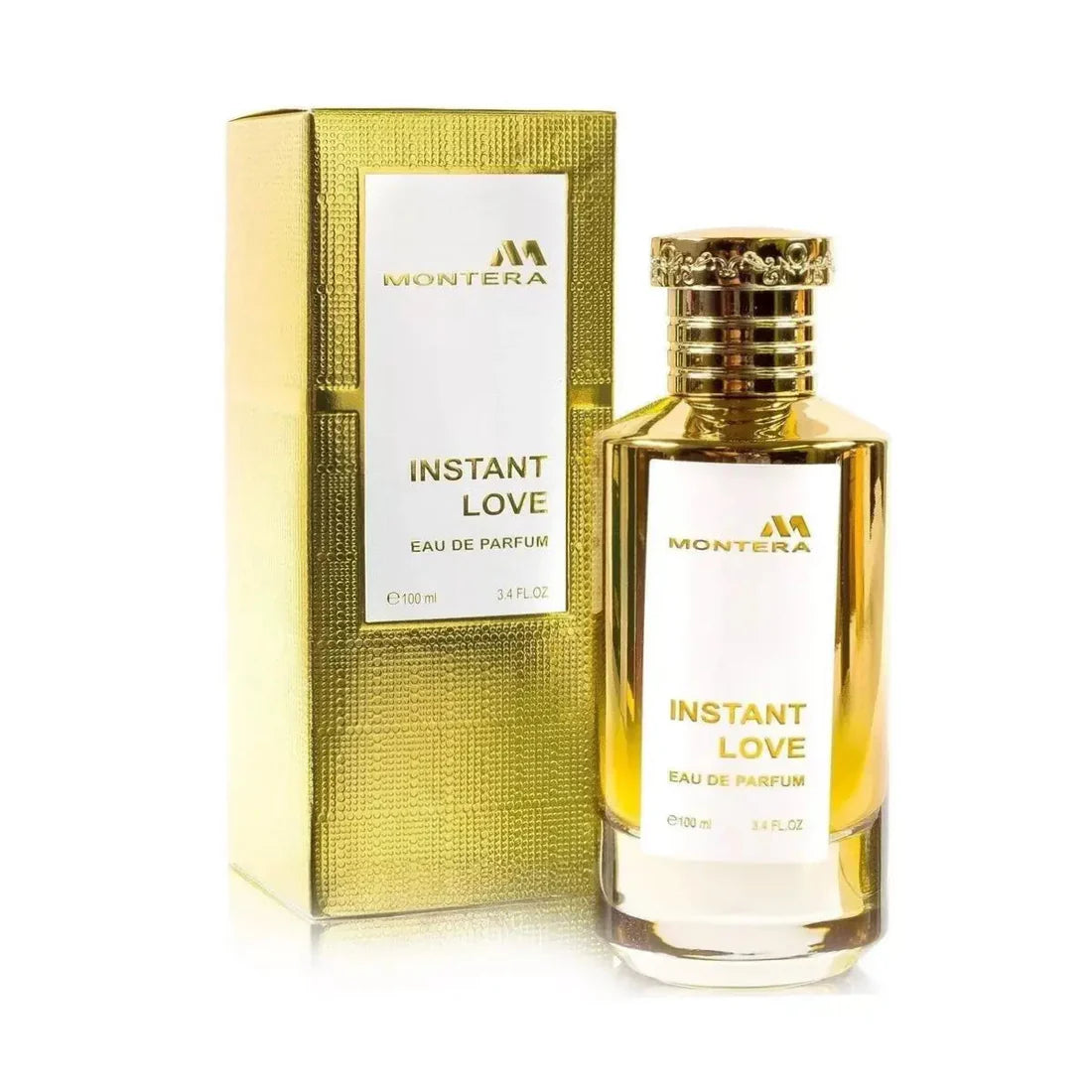 Esken og parfymeflasken side om side av Montera Instant Love Perfume 100ml EDP By Fragrance World