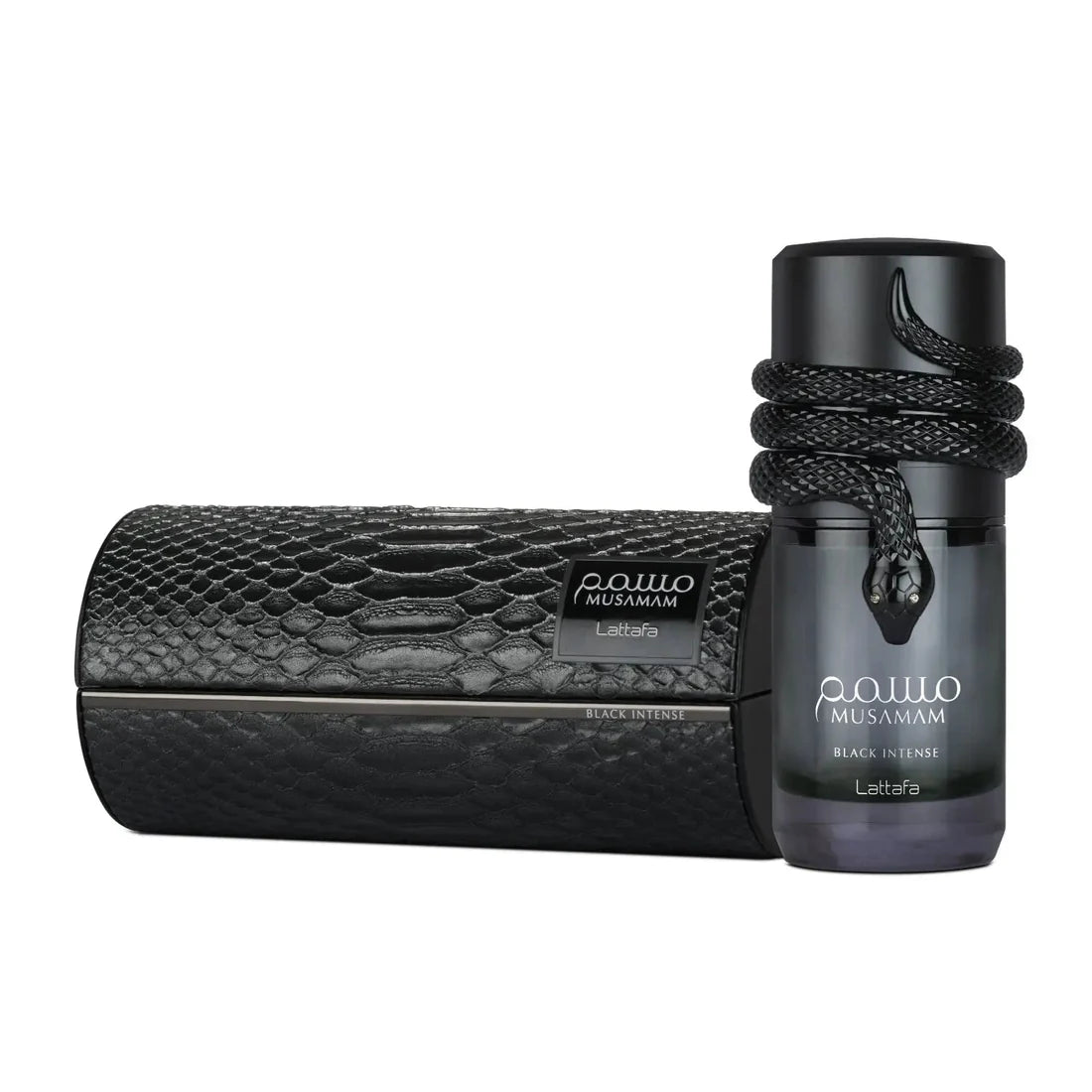 Esken og parfymeflasken til Musamam Black Intense Perfume 100ml EDP Lattafa side om side