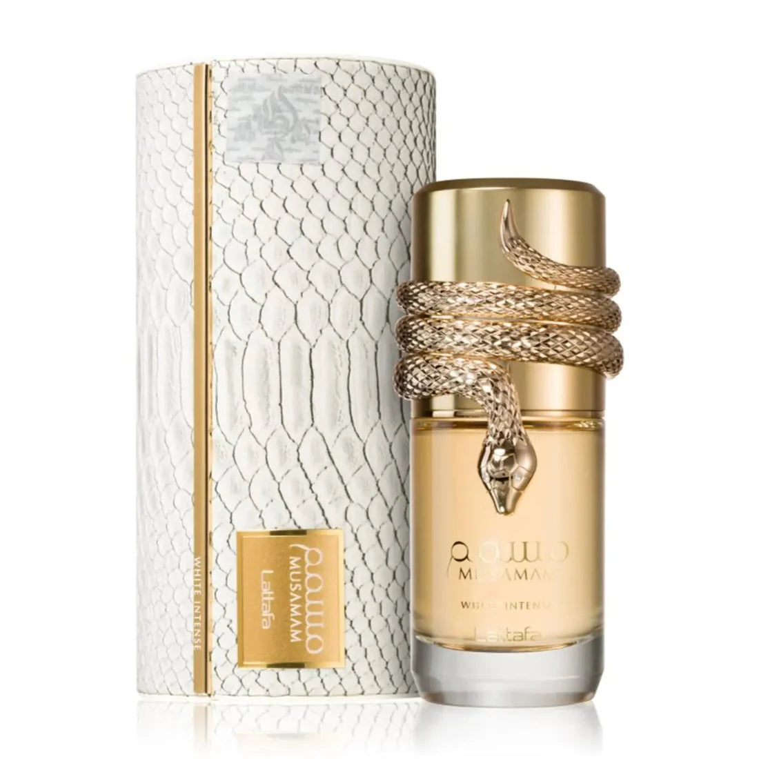 Esken og parfymeflasken til Musamam White Instense Perfume 100ml EDP Lattafa side om side
