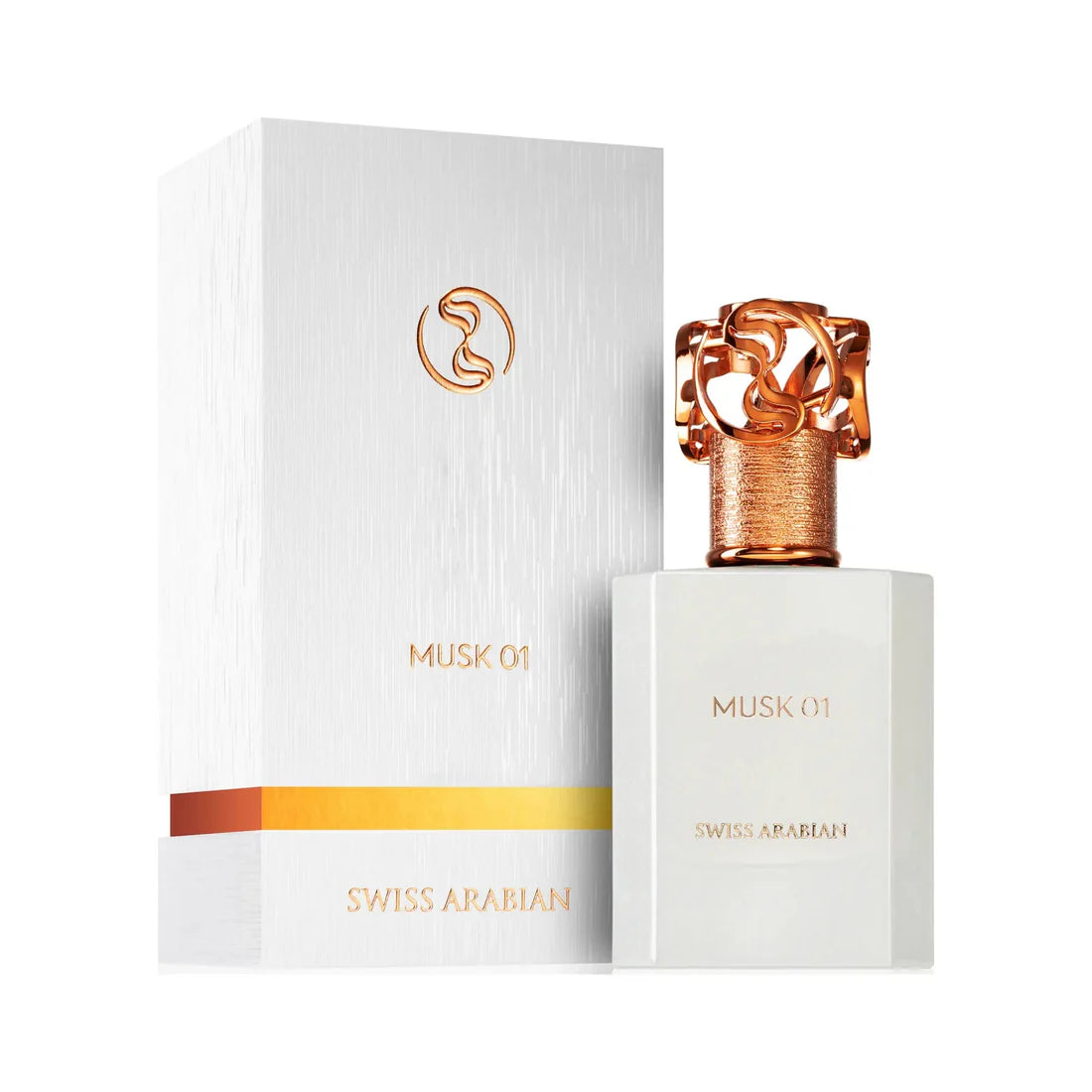 Esken og parfymeflasken til Musk 01 Perfume 50ml EDP Swiss Arabian side om side