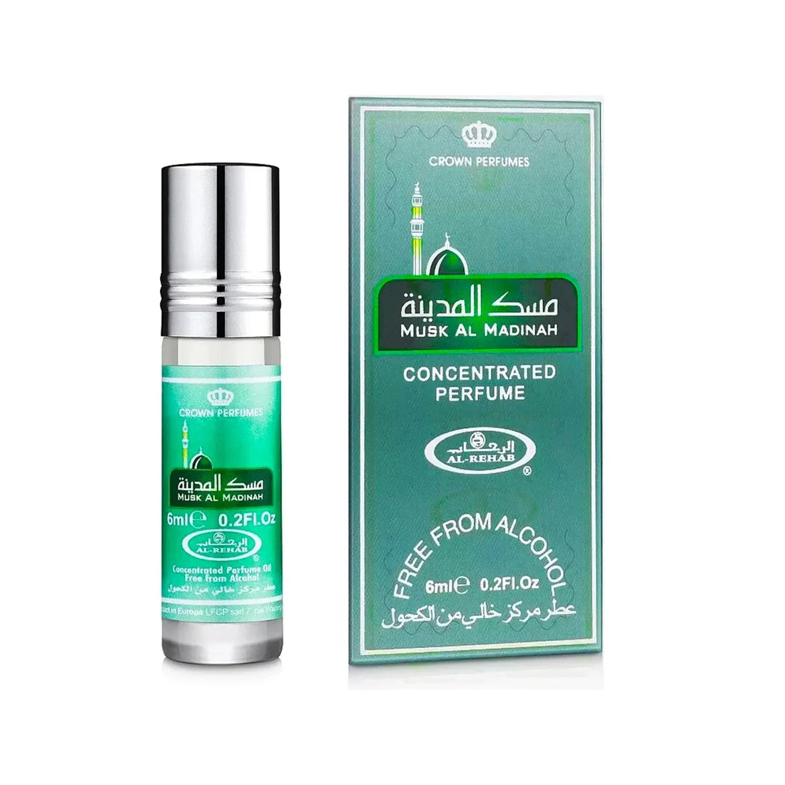 Bilde av flasken og esken side om side av Musk Al Madinah Perfume Oil 6ml Al Rehab