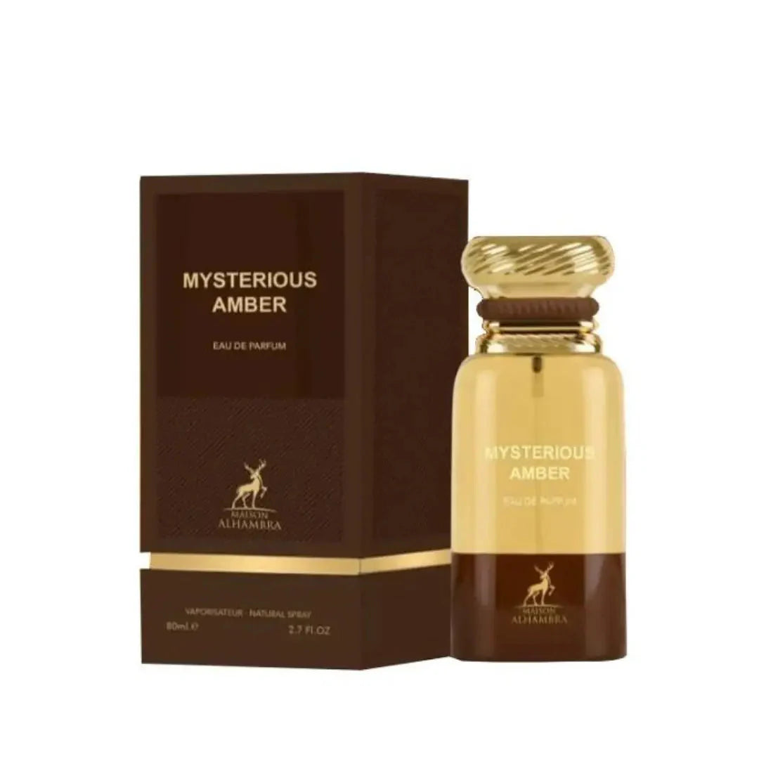 Bilde av esken og parfymeflasken til Mysterious Amber Perfume 80ml EDP Maison Alhambra