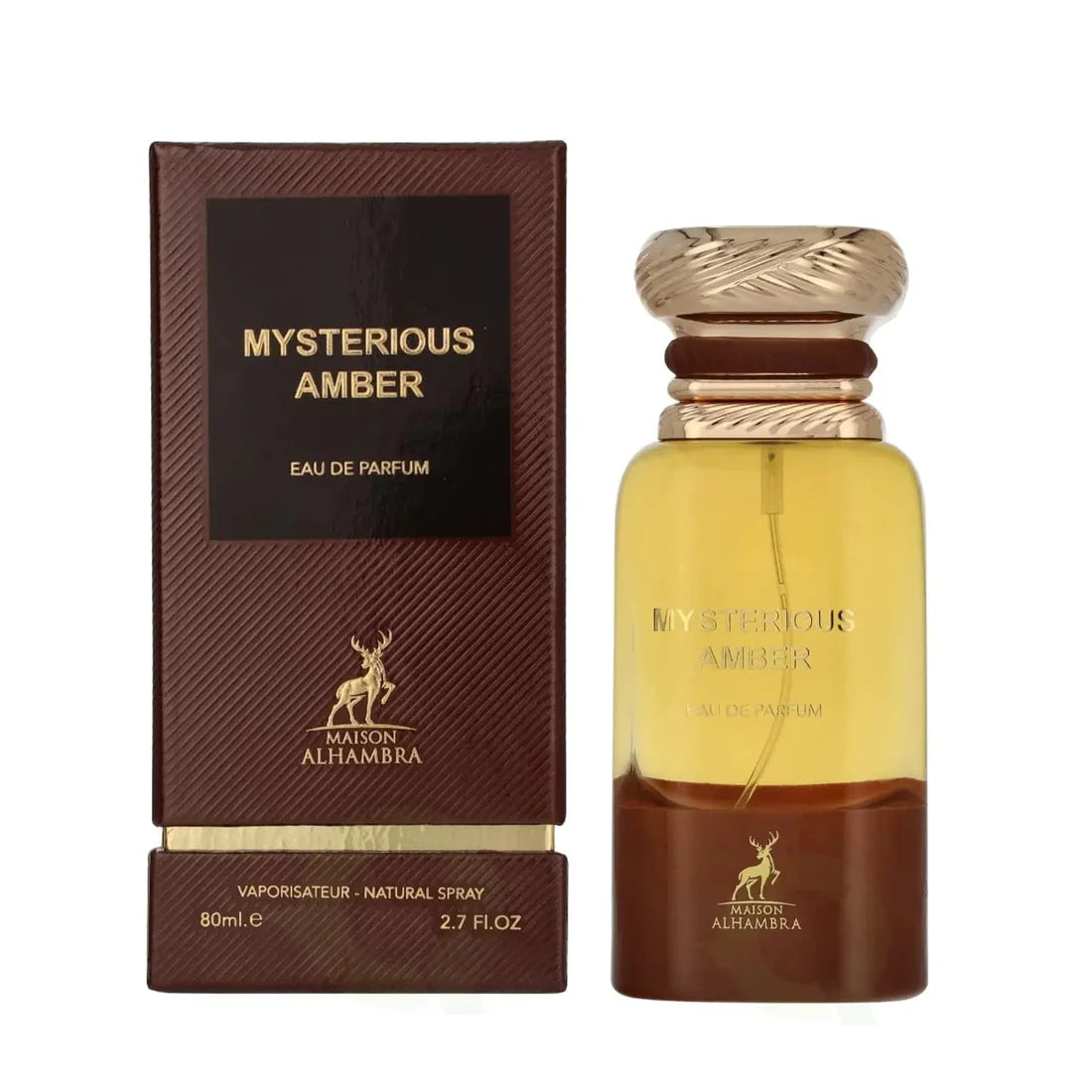 Bilde av eken og parfymeflasken til Mysterious Amber Perfume 80ml EDP Maison Alhambra