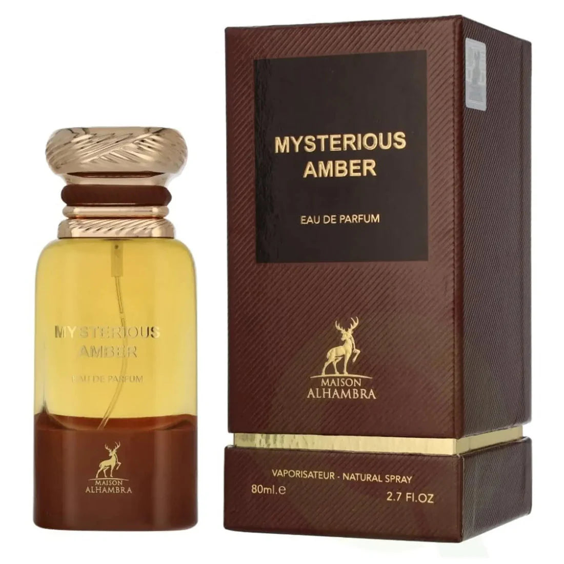 Bilde av esken og parfymeflasken til Mysterious Amber Perfume 80ml EDP Maison Alhambra