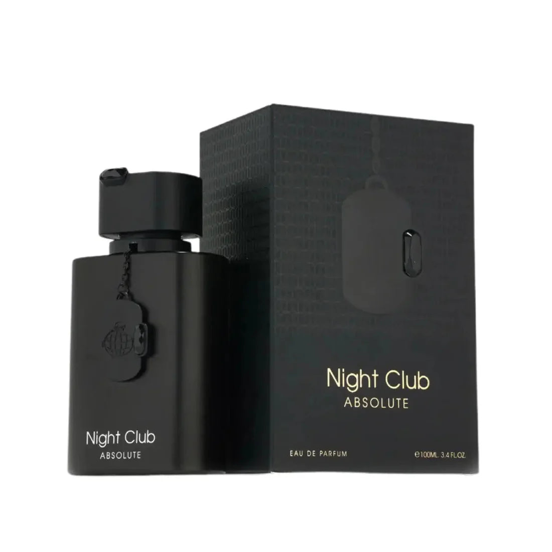 Parfymeflasken og esken side om side av Night Club Absolute Perfume 100ml EDP Fragrance World
