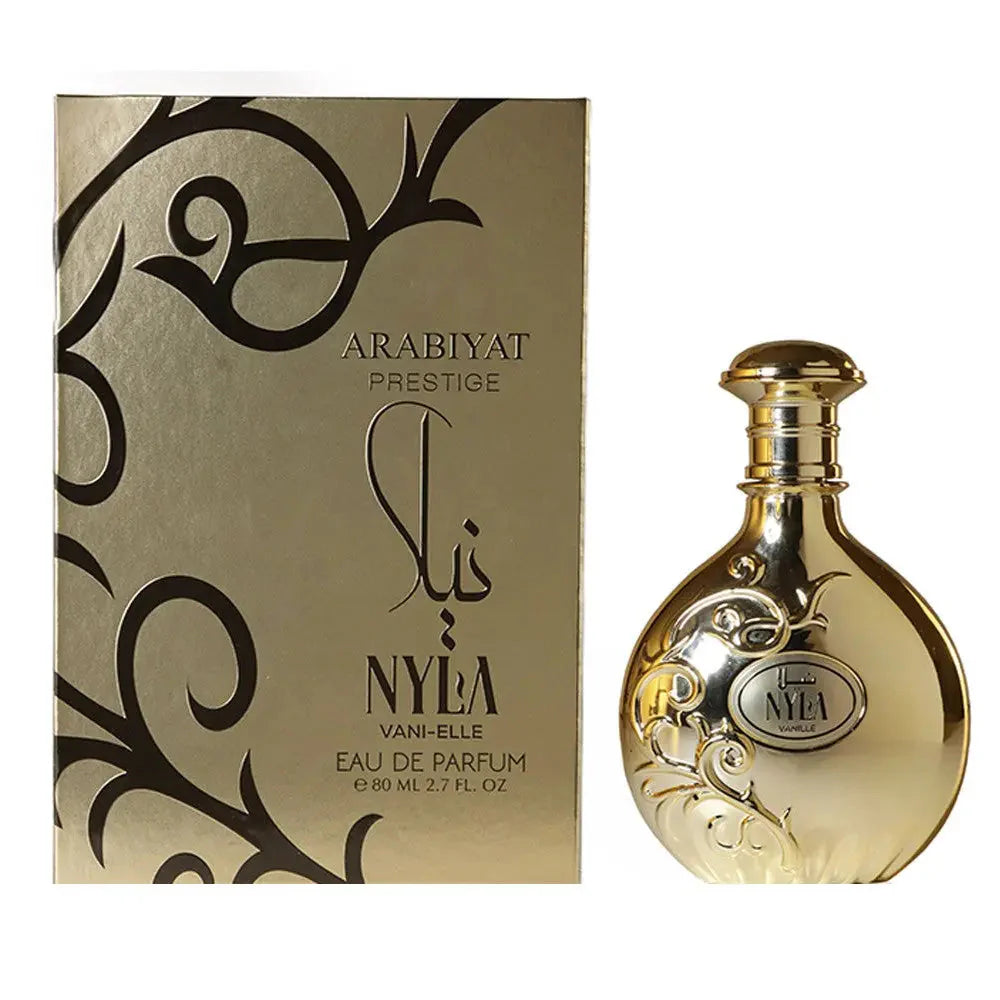 Esken og parfymeflasken side om side av Nyla Vani Elle Perfume 80ml EDP Arabiyat Prestige
