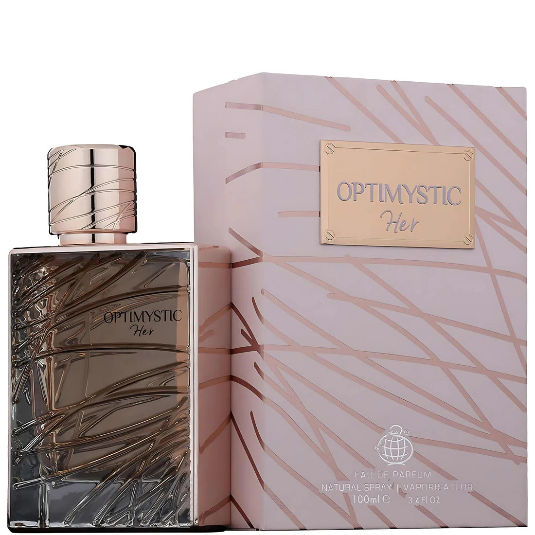 Bilde av parfymeflasken og esken til Optimystic Her side om side