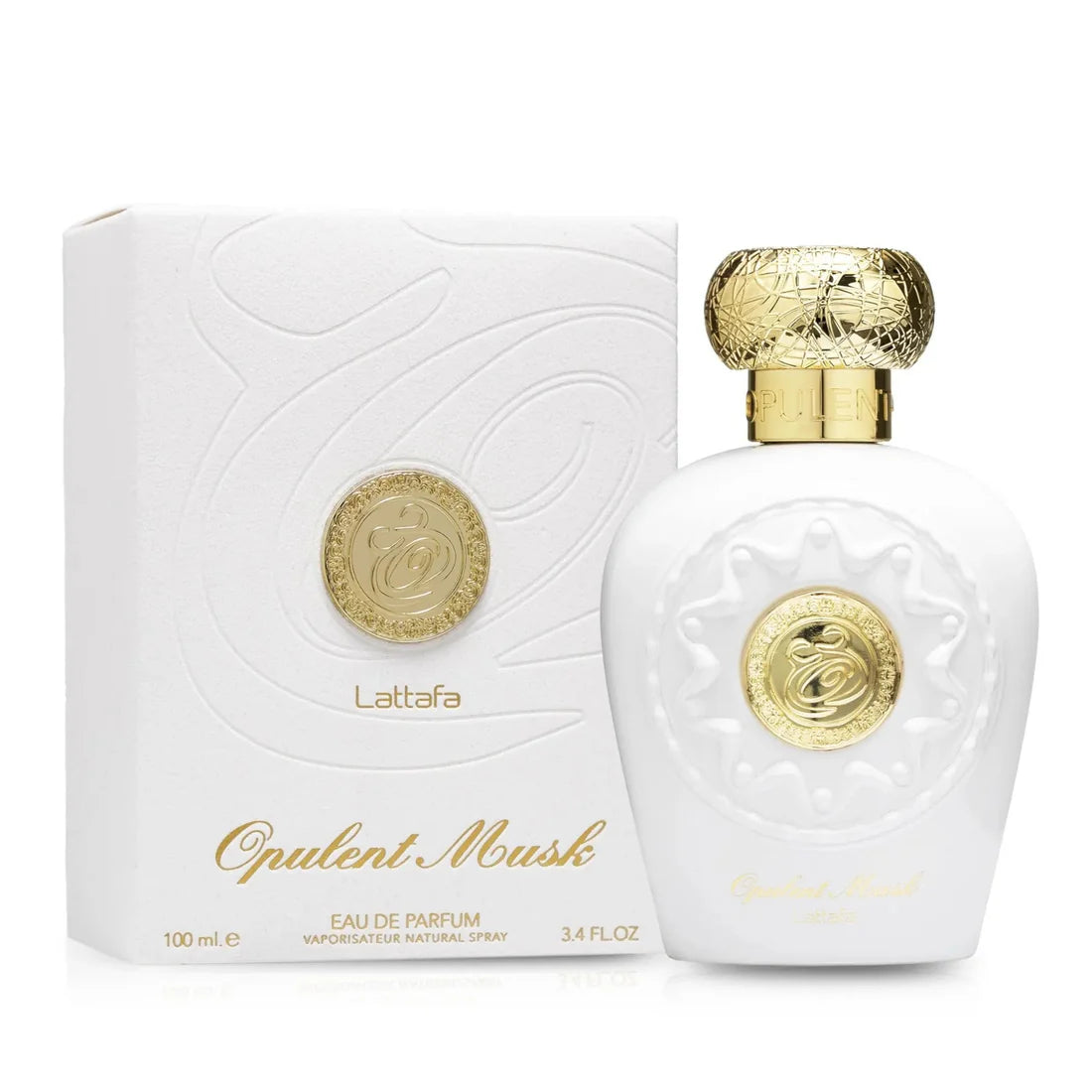 Bilde av esken og parfymeflasken side som side av Opulent Musk Perfume 100ml EDP By Lattafa