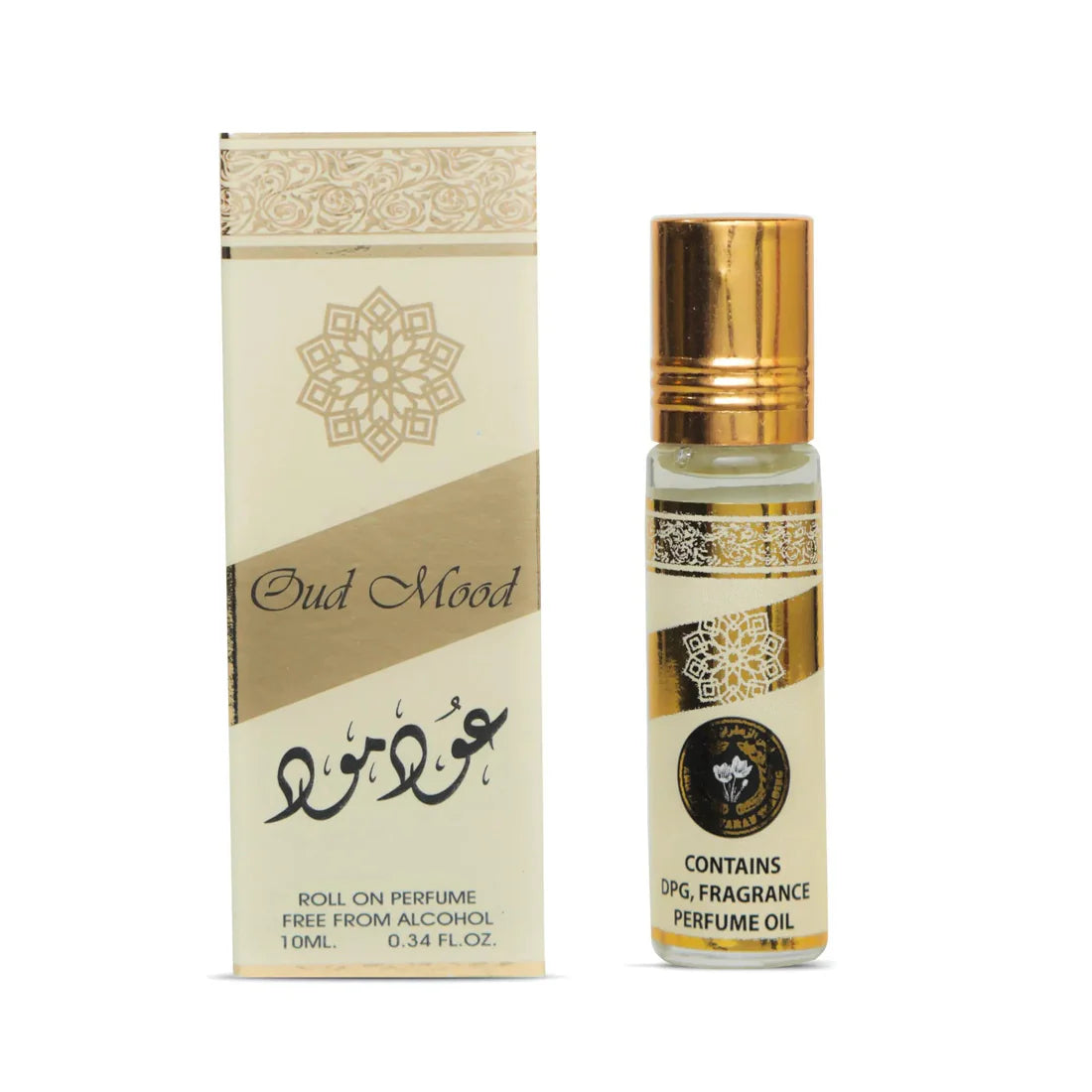 Bilde av esken og flasken til Lattafa Oud Mood Perfume Oil 10ml Ard Al Zaafaran side om side