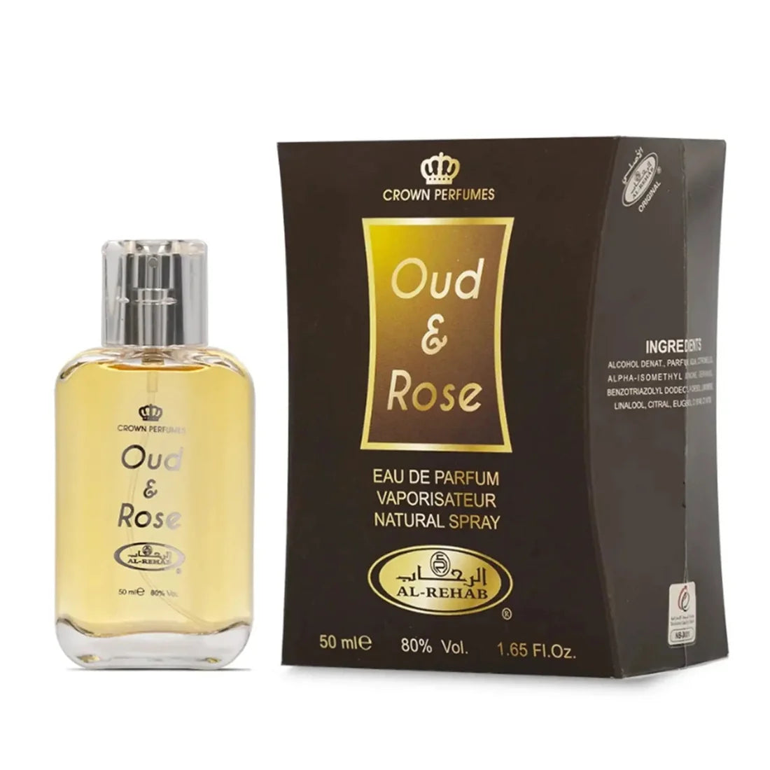 Parfymeflasken og esken til Al Rehab Oud & Rose 50ml Parfyme