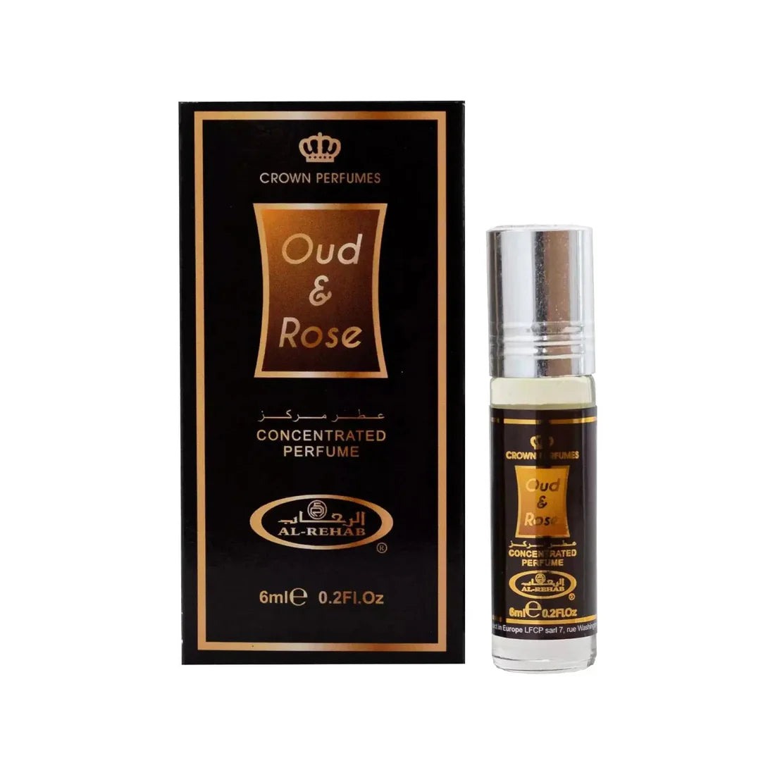 Bilde av esken og flasken til Oud & Rose Perfume Oil 6ml Al Rehab side om side