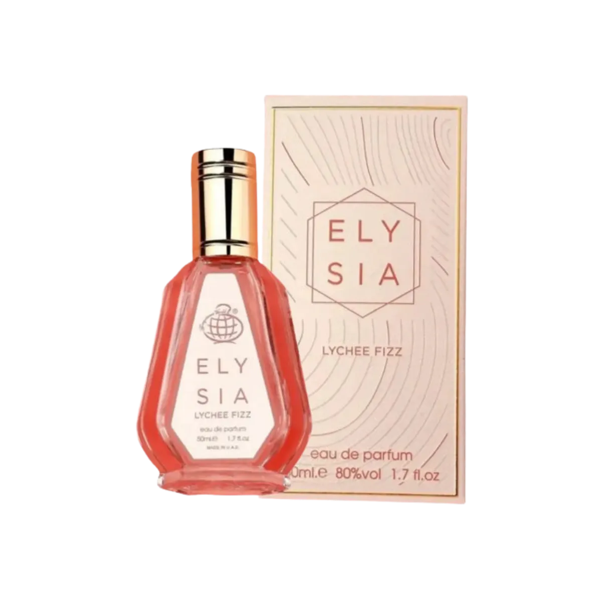 Parfymeflasken og esken til Fragrance World Elysia Lychee Fizz 50ml Parfyme