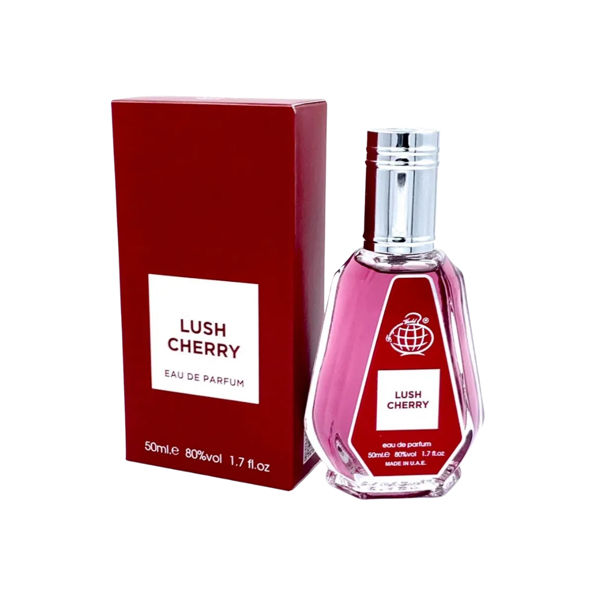 Esken og parfymeflasken til Fragrance World Lush Cherry 50ml Parfyme