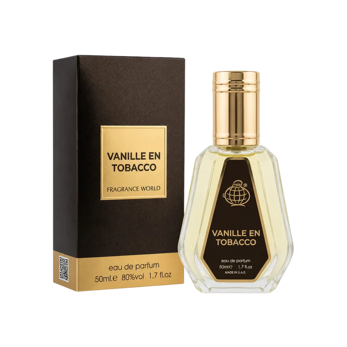Esken og parfymeflasken til Fragrance World Vanille En Tobacco 50ml Parfyme