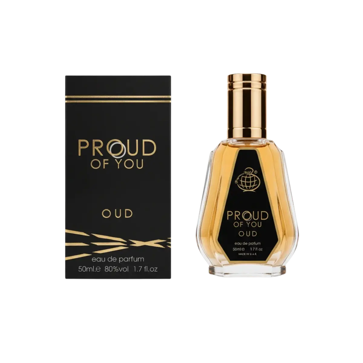 Esken og Parfymeflasken til Fragrance World Proud of You Oud 50ml Parfyme