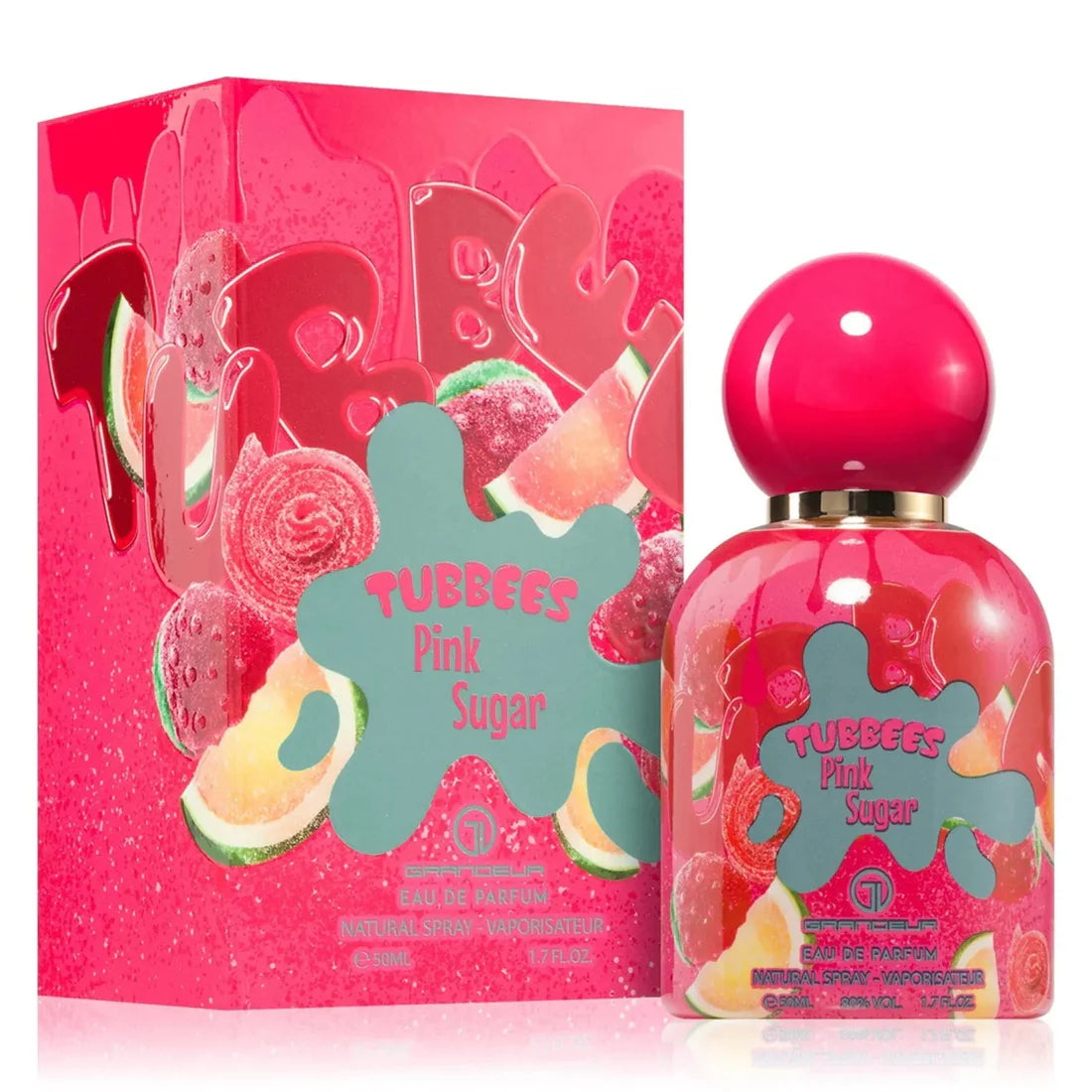 Bilde av esken og parfymeflasken side om side av Pink Sugar Perfume 50ml EDP Tubbees