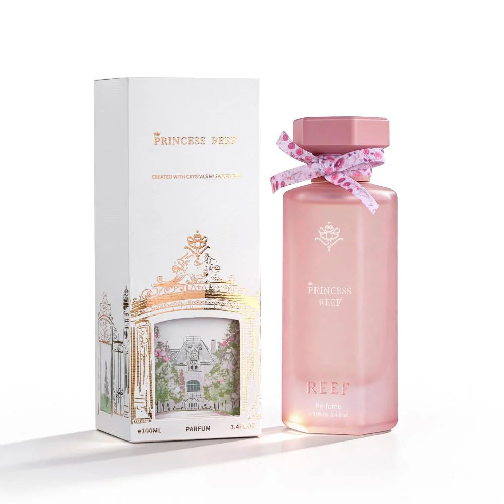 Esken og parfymeflasken side om side av Princess Reef Perfume 100ml EDP Reef