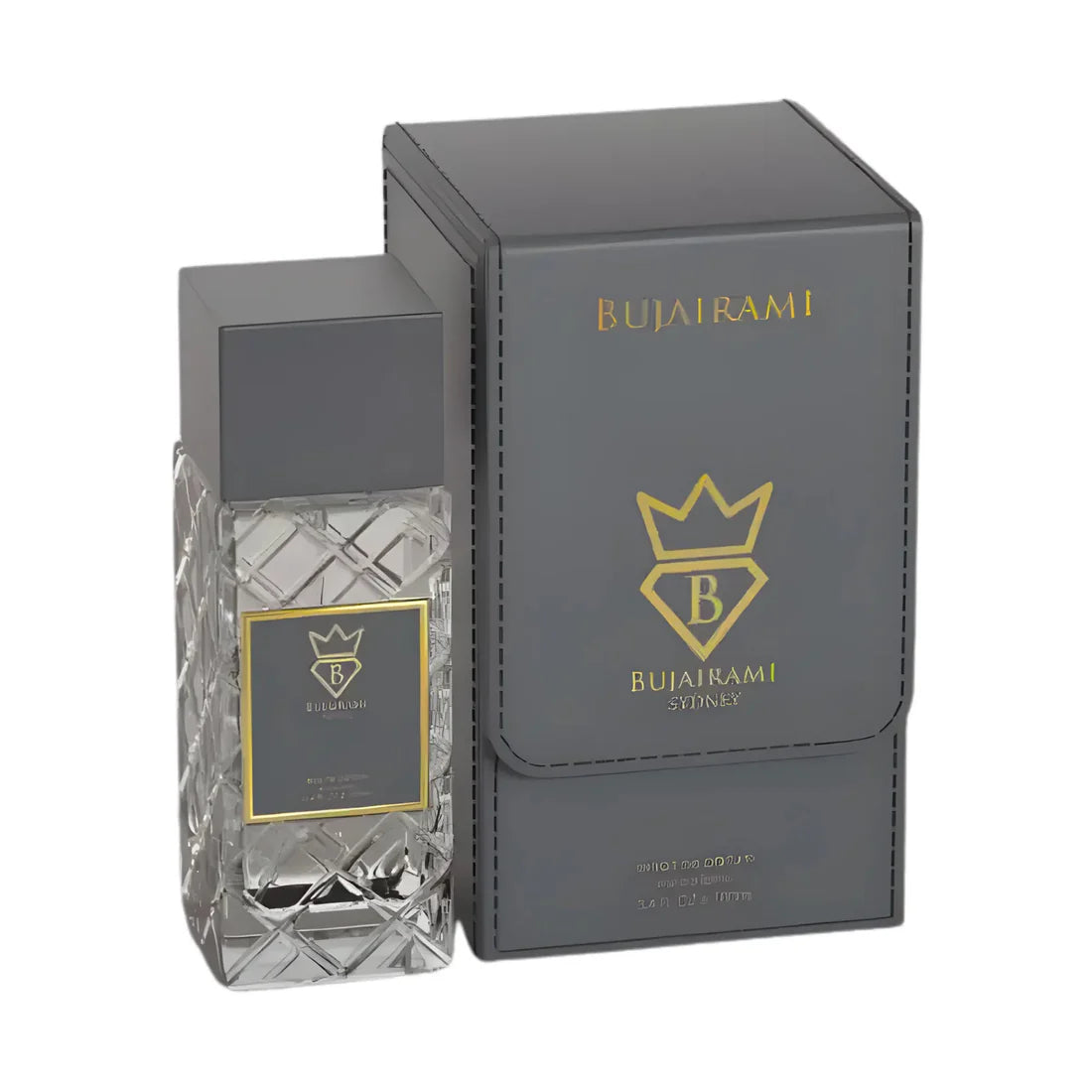 Parfymeflasken og esken til Bujairami Psycho 100ml Extrait De Parfum Bujairami Sydney side om side