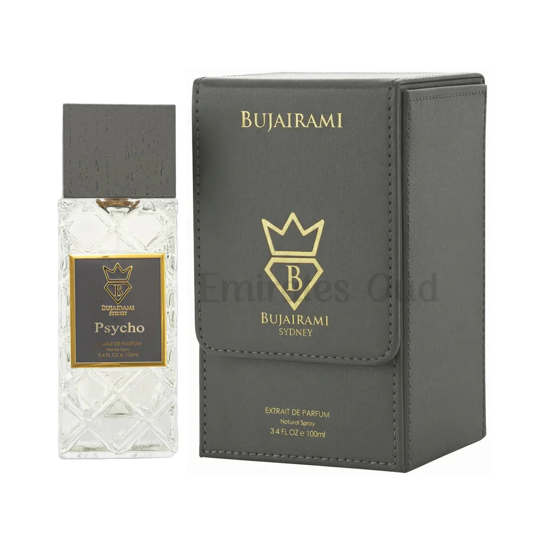 Parfymeflasken og esken til Bujairami Psycho 100ml Extrait De Parfum Bujairami Sydney side om side