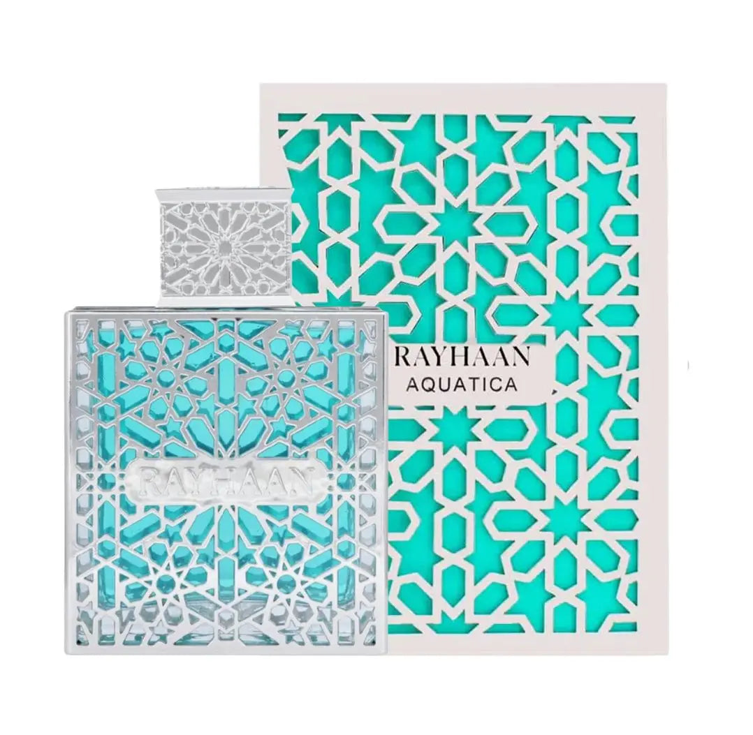 Parfymeflasken ved siden av esken av Rayhaan Aquatica Perfume 100ml EDP by Rayhaan