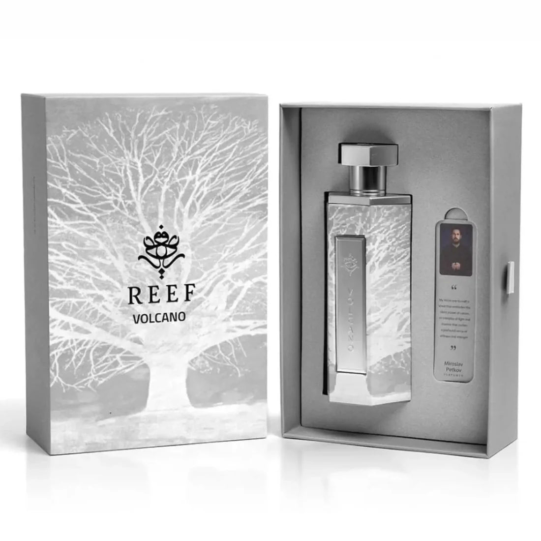 Esken stående med visning av parfymen til Reef Volcano EDP 200ml Reef Perfumes