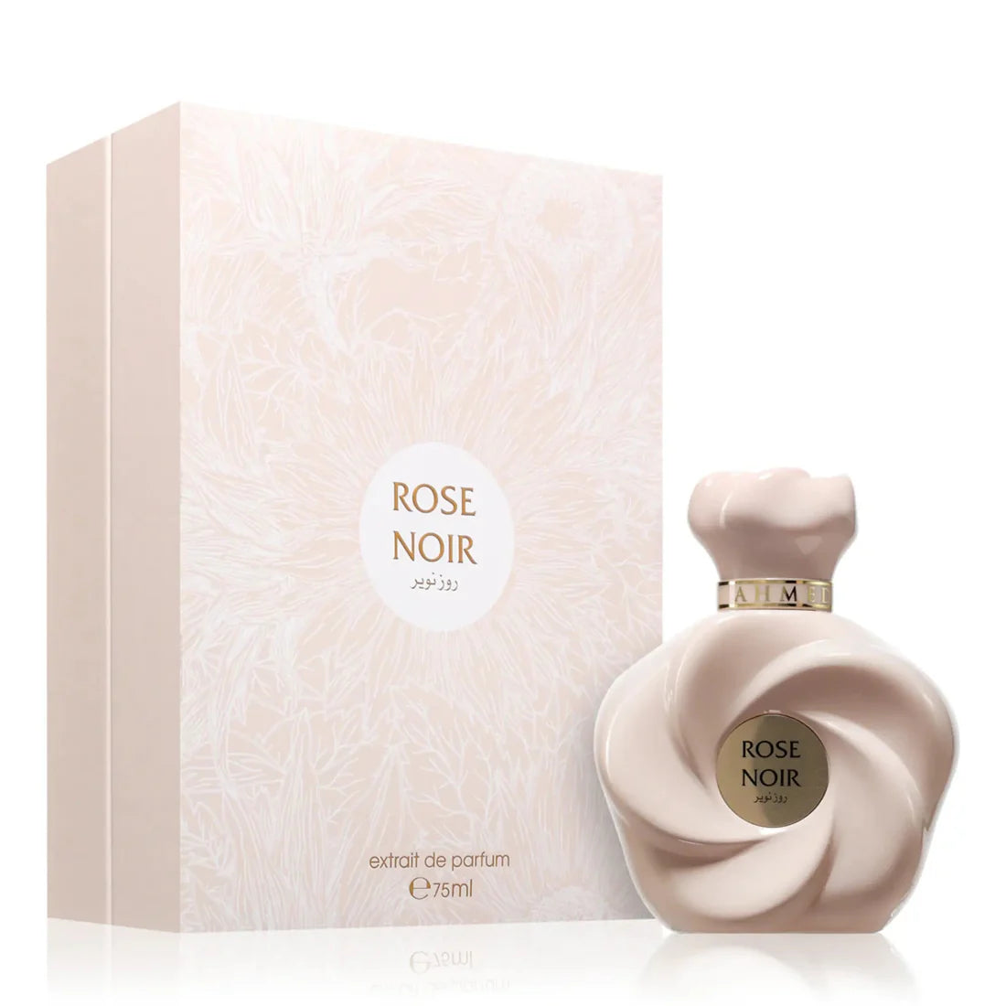 Esken og parfymeflasken side om side av Rose Noir Perfume 75ml EDP Ahmed Al Maghribi