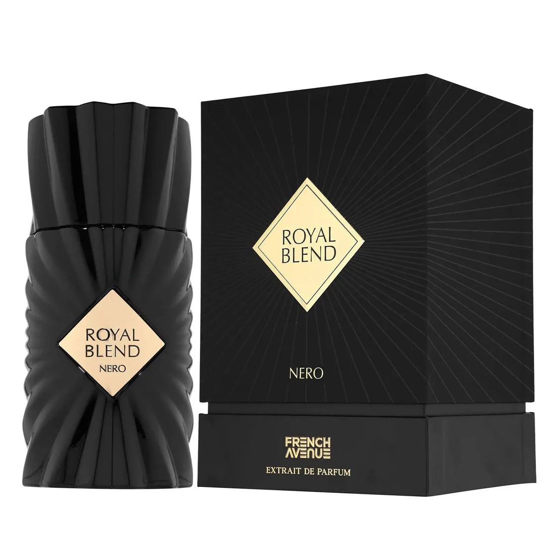 Bilde av Royal Blend Nero flasken og esken side om side