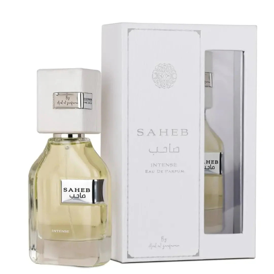 Bilde av parfymeflasken og esken side om side av Saheb Intense Perfume 70ml EDP Ard Al Zaafaran