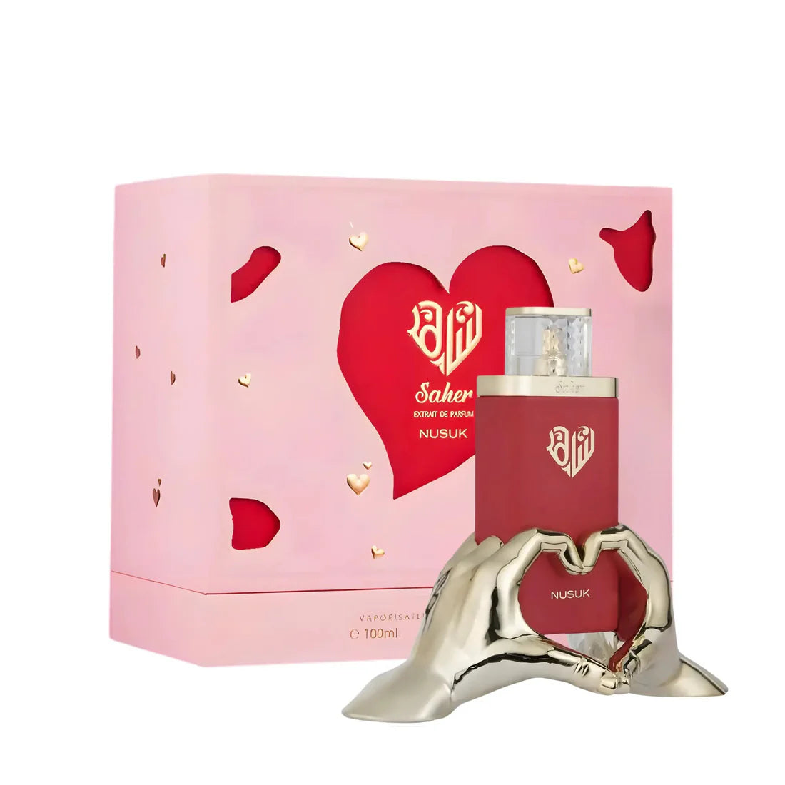 Esken og parfymeflasken til Saher 100ml Extrait De Parfum Nusuk by Riiffs side om side