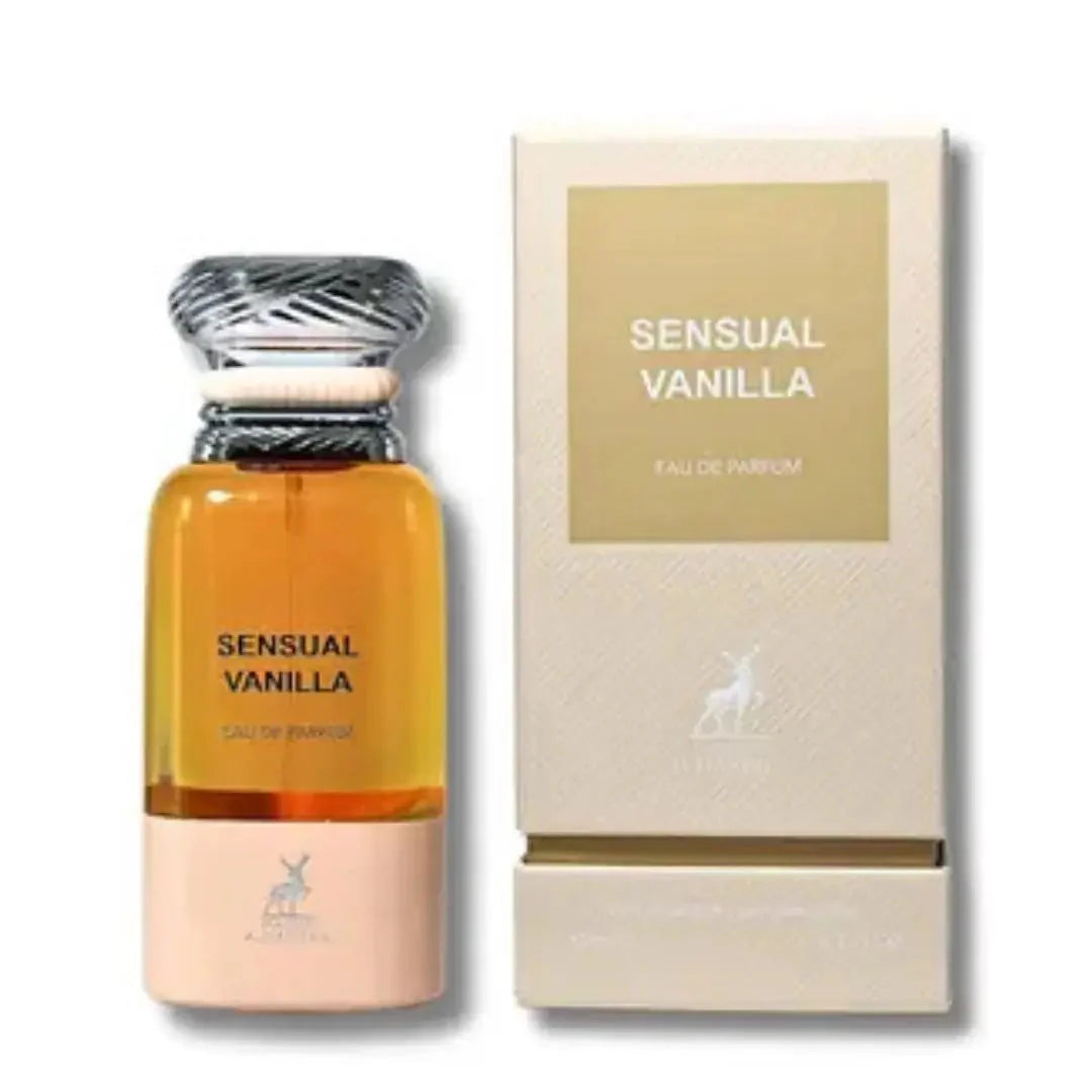 Bilde av parfymeflasken og esken til Sensual Vanilla Perfume 80ml EDP Maison Alhambra