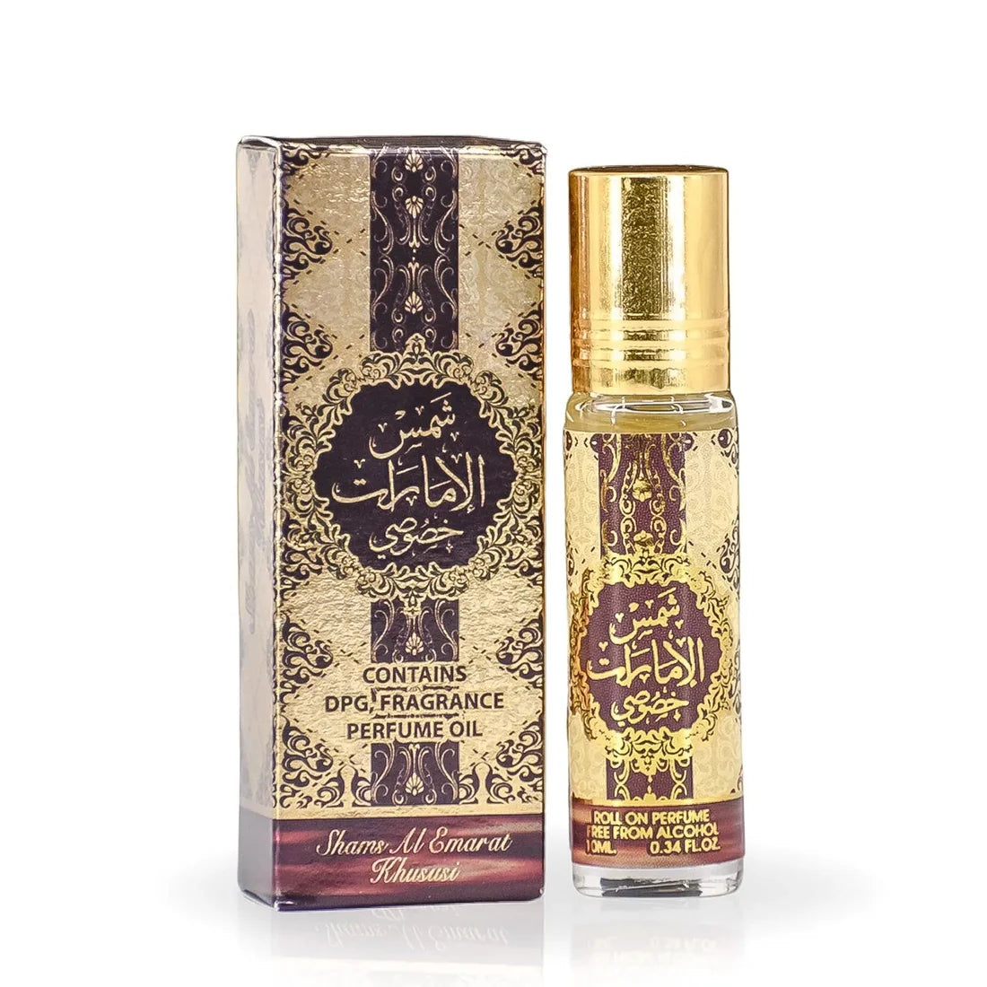Bilde av esken og flasken side om side av Shams Al Emarat Khususi Perfume Oil 10ml Ard Al Zaafaran
