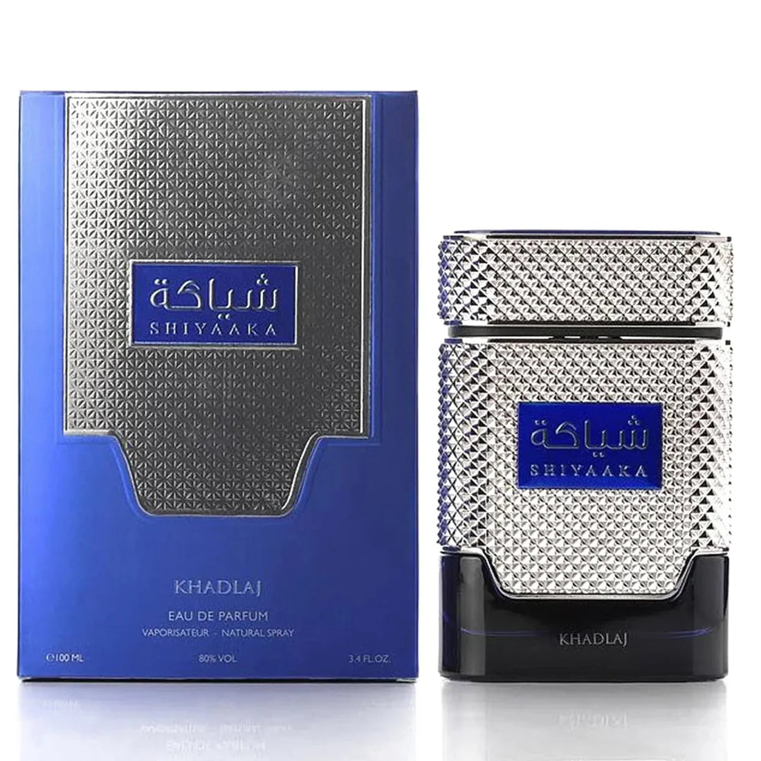 Esken og parfymeflasken til Shiyaaka Blue Perfume 100ml EDP Khadlaj
