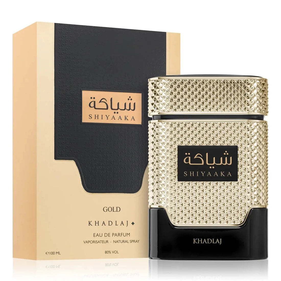 Esken og parfymeflasken til Shiyaaka Gold Perfume 100ml EDP Khadlaj side om side