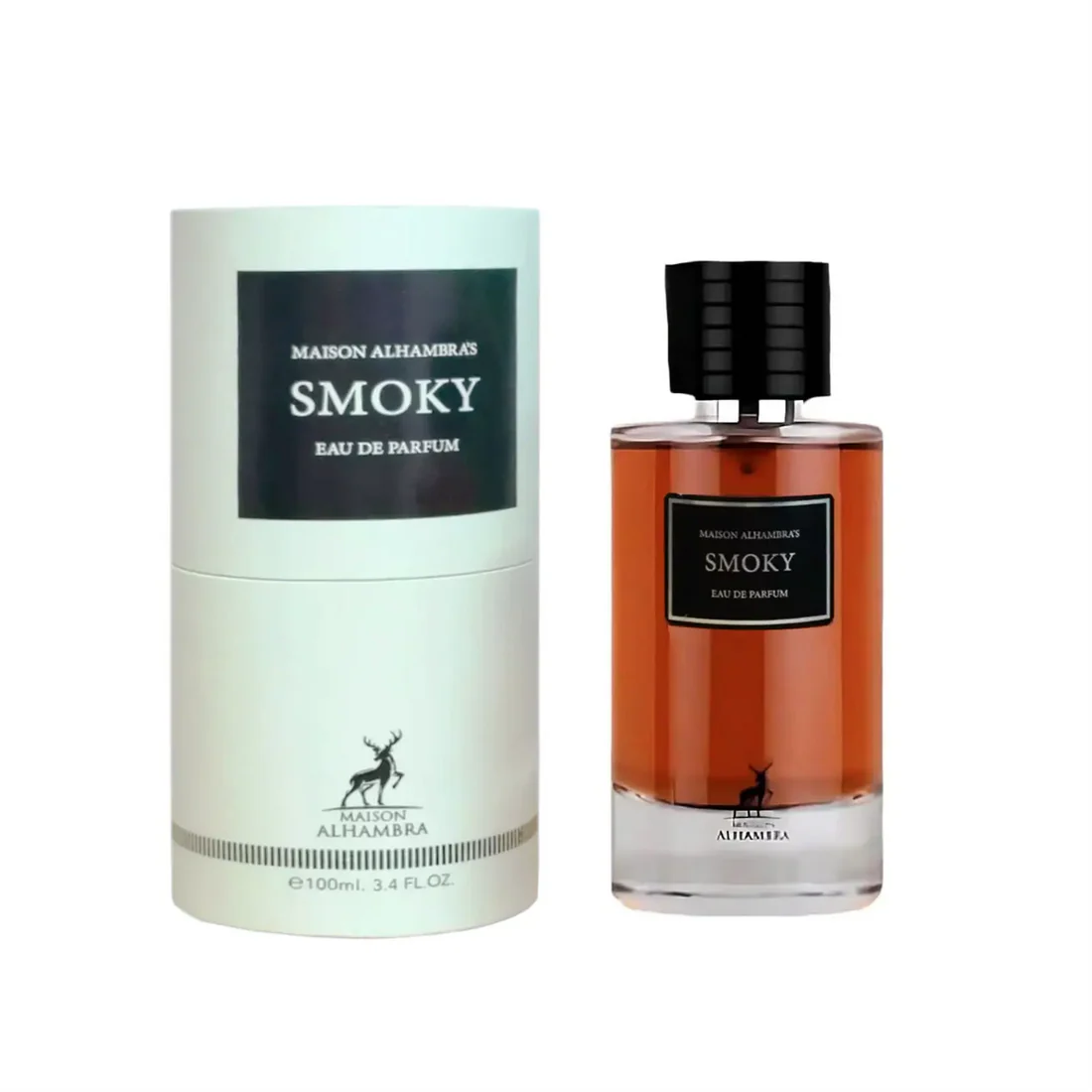 Bilde av esken og parfymeflasken side om side av Smoky Perfume 100ml EDP Maison Alhambra
