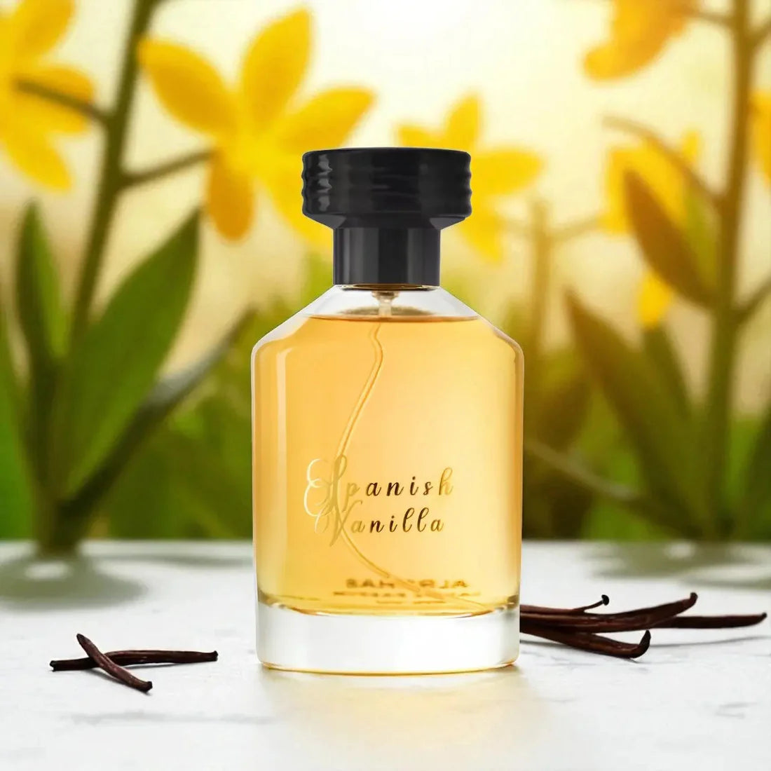 Spanish Vanilla på et bord med vanilje og blomster i bakgrunnen